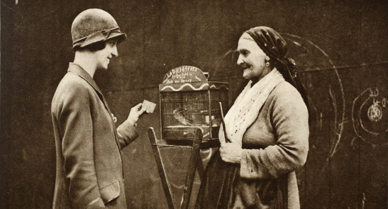 Vanha italialainen nainen papukaija häkissä, Wonderful Lontoosta, julkaistu 1926-27 (syväpaino) tekijältä English Photographer