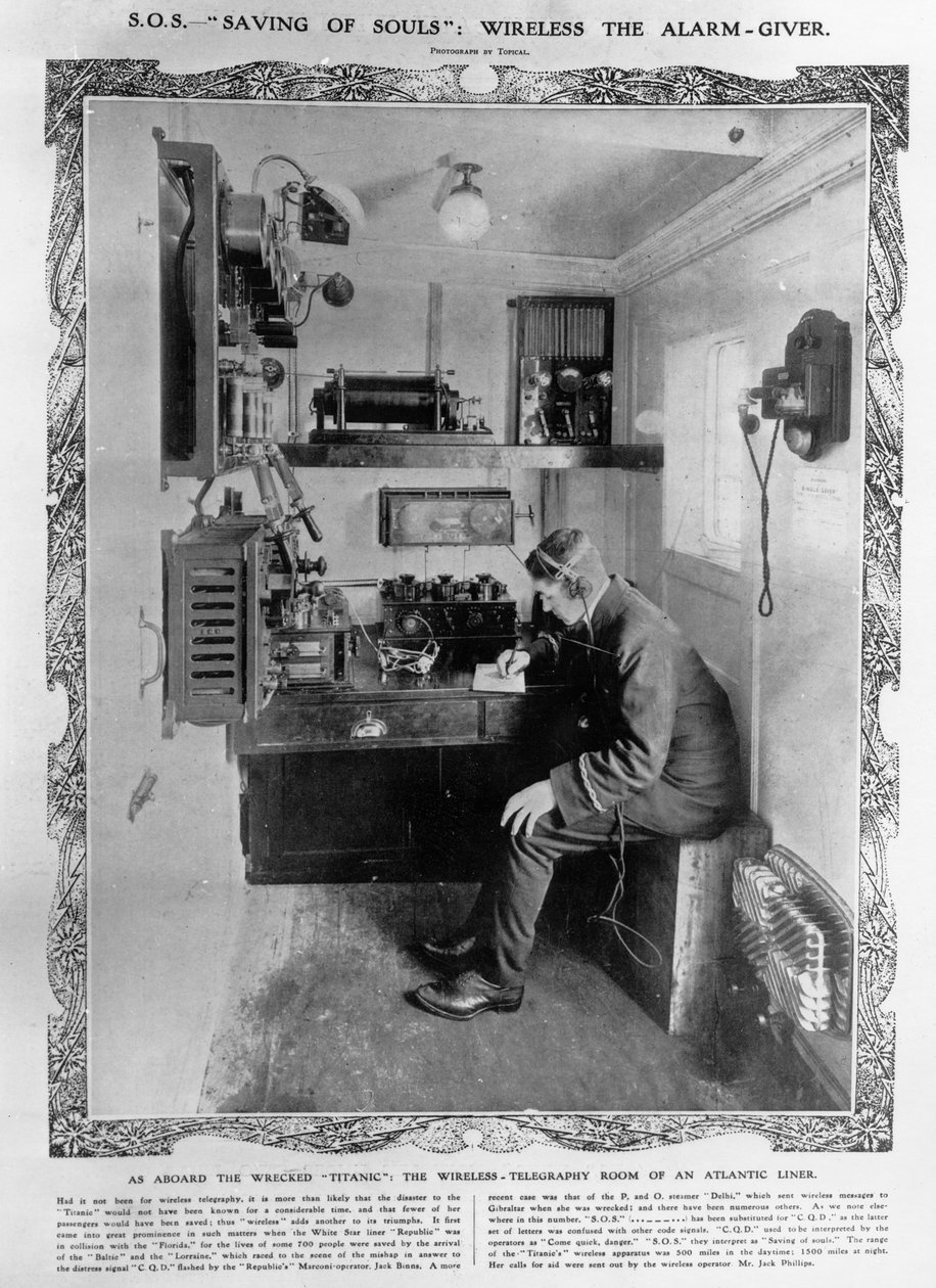 Aboard the Wrecked Titanic: The Wireless-Telegraphy Room of an Atlantic Liner, kuvitus "The Illustrated London News" -lehdestä, 20. huhtikuuta 1912 tekijältä English Photographer