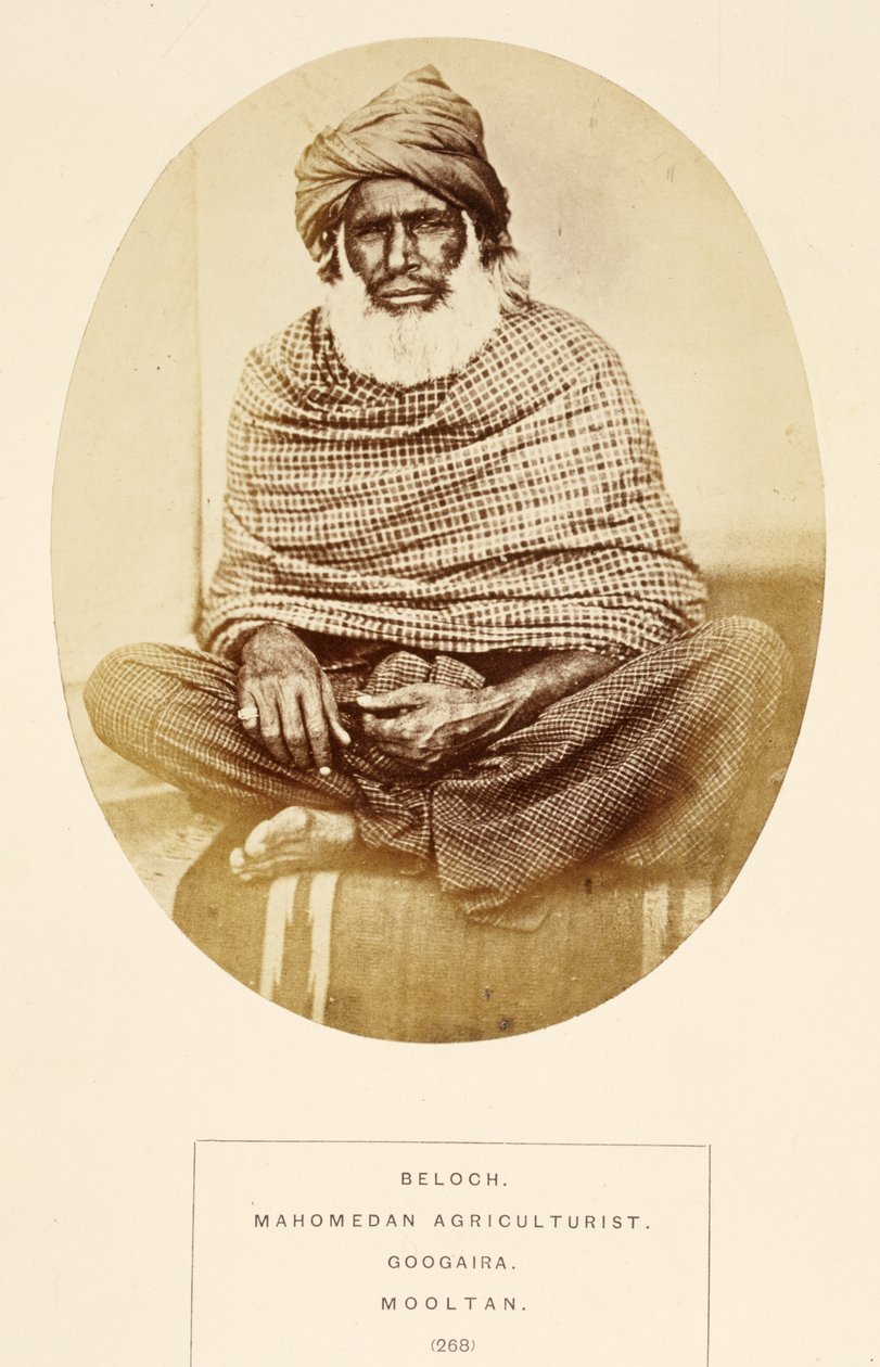 Beloch, Mahomedan Agriculturist, Googaira, Mooltan, J. Forbes Watsonin teoksesta The People of India, julkaistu 1868 (albumiprintti) tekijältä English Photographer