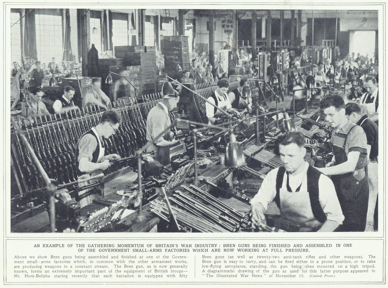 Bren-aseet valmistetaan ja kootaan yhdessä hallituksen pienasetehtaista, The Illustrated War News, julkaistu 22. marraskuuta 1939 tekijältä English Photographer