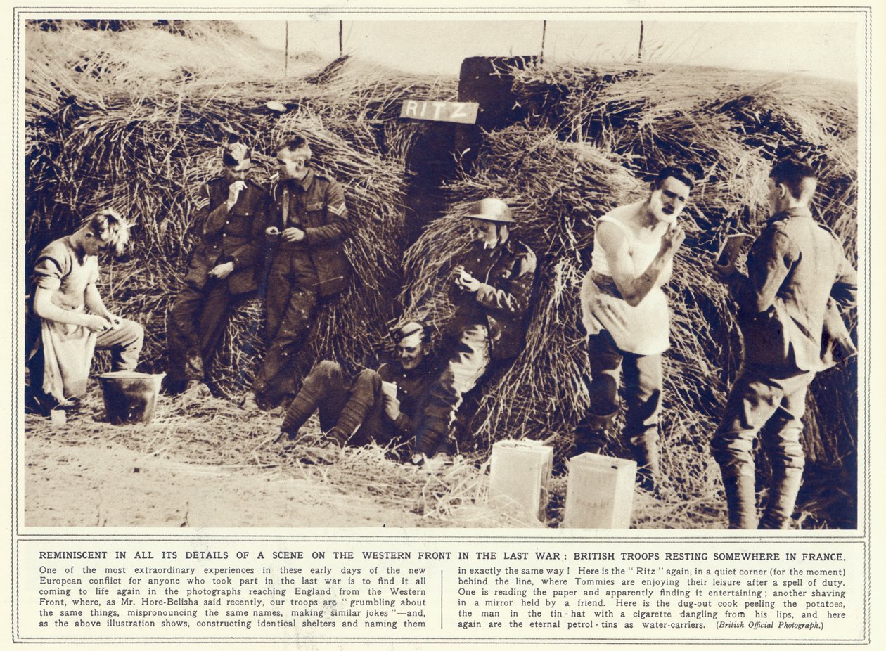 Brittijoukot lepäävät jossain Ranskassa, The Illustrated War News, julkaistu 1. marraskuuta 1939 tekijältä English Photographer