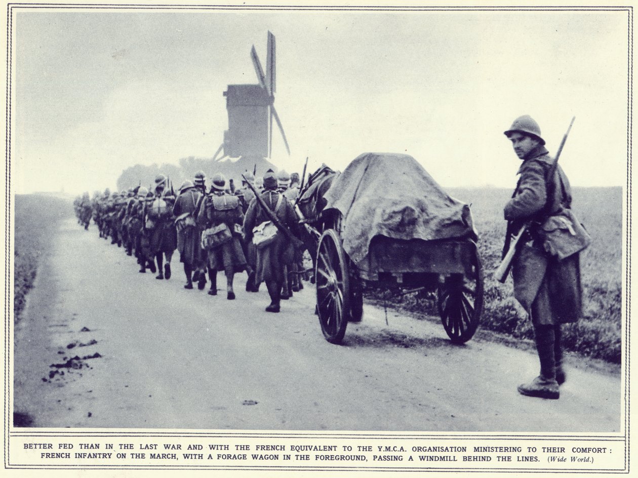 Ranskalainen jalkaväki marssissa rehuvaunun kanssa etualalla, The Illustrated War News, julkaistu 22. marraskuuta 1939 tekijältä English Photographer