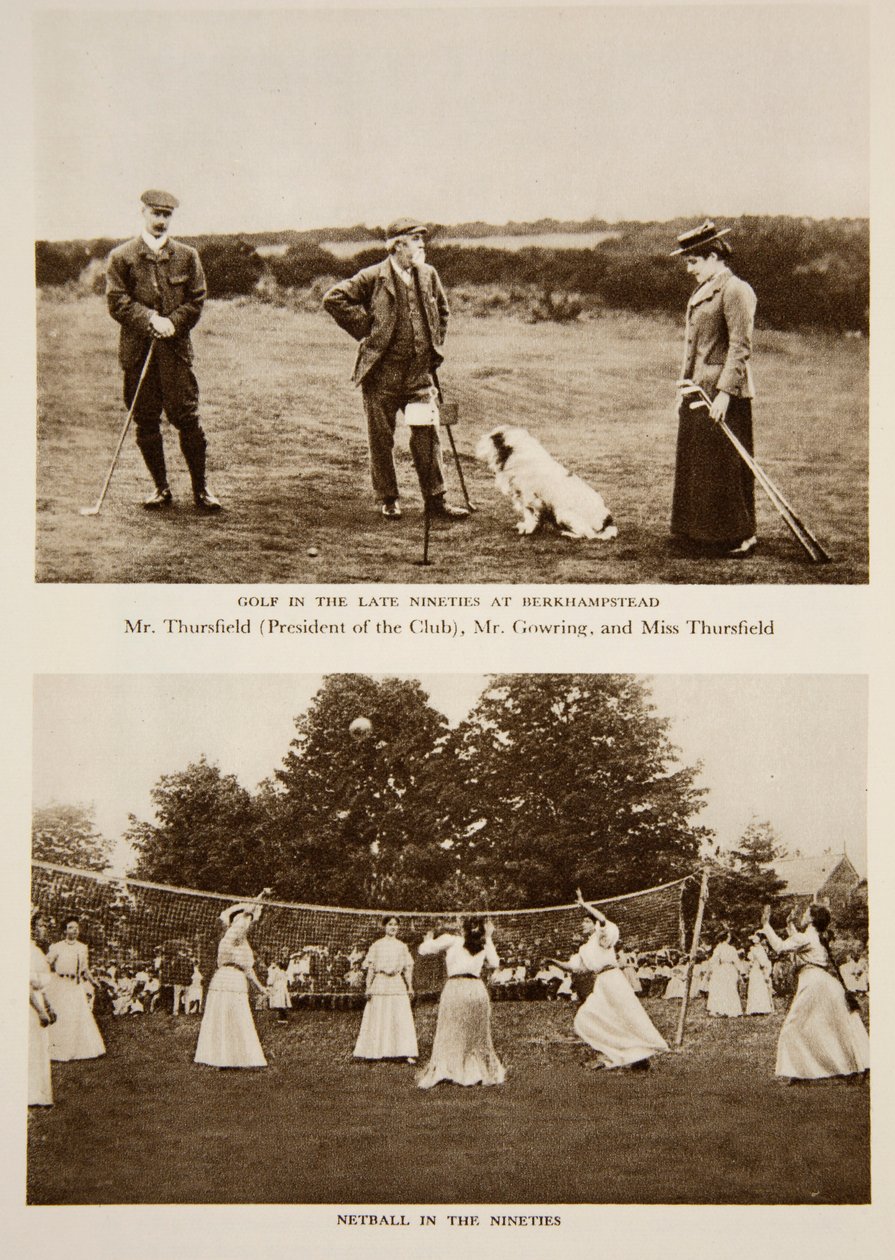 Golf 90-luvun lopulla Berkhampsteadissa ja Netball 90-luvulla, valokuvia The Timesista 1890-luvulta (seepiakuva) tekijältä English Photographer