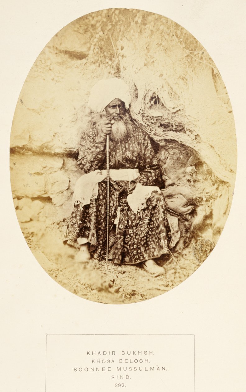 Khadir Bukhsh, Khosa Beloch, Soonnee Mussulman, Sind, J. Forbes Watsonin teoksesta The People of India, julkaistu 1868 (albumiprintti) tekijältä English Photographer