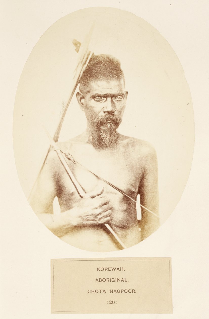 Korewah, aboriginaali, Chota Nagpoor, J. Forbes Watsonin teoksesta The People of India, julkaistu 1868 (albumiprintti) tekijältä English Photographer