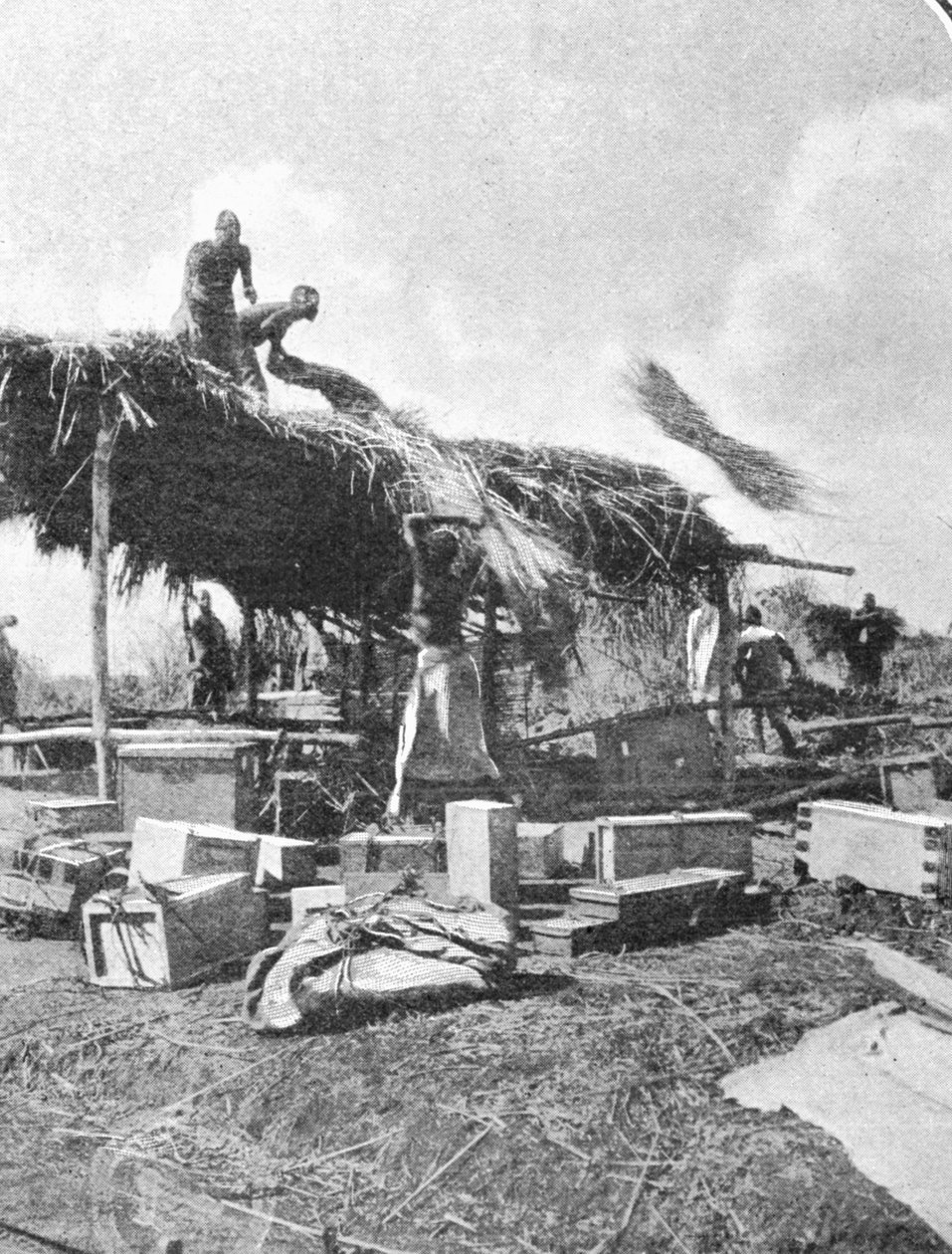 Alkuperäisasukkaat rakentamassa lepokotia, The Graphic -lehdessä 27. lokakuuta 1906 julkaistusta artikkelista "Kuun vuorille". tekijältä English Photographer