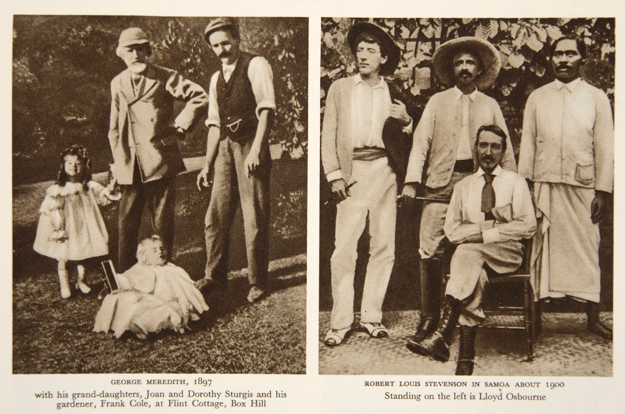 George Meredithin ja Robert Louis Stevensonin muotokuvia, valokuvia The Timesista, 1890-luku (seepiakuva) tekijältä English Photographer