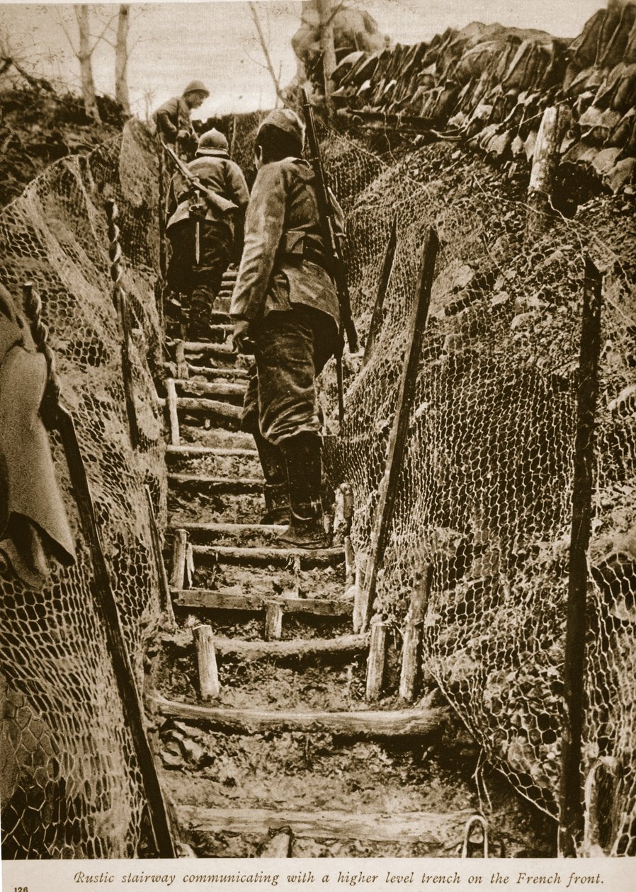 Maalaismainen portaikko, joka on yhteydessä korkeamman tason kaivantoon Ranskan rintamalla, 1914-1919 tekijältä English Photographer