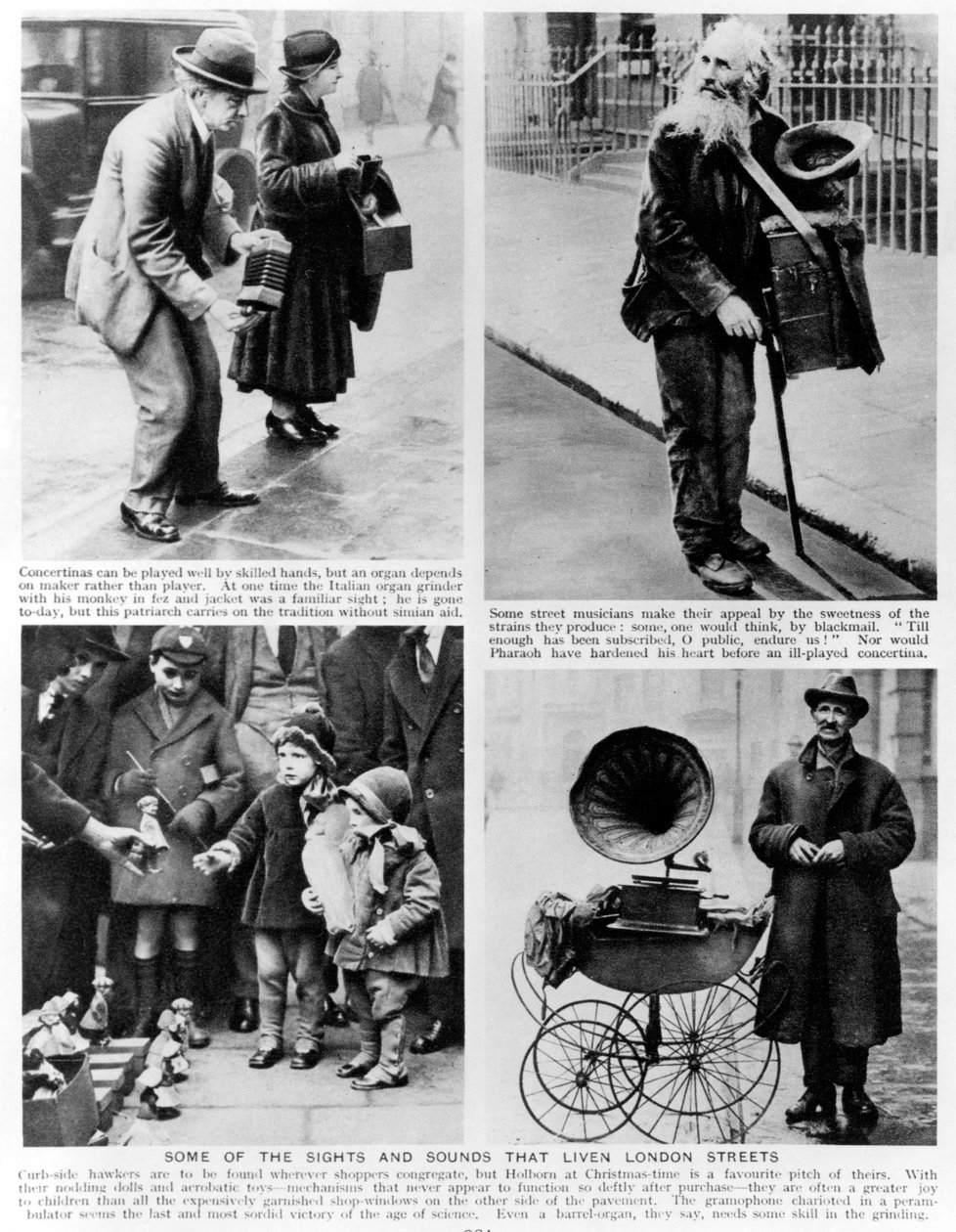 Jotkut Lontoon kaduilla elävistä nähtävyyksistä, kuvituksia Almey St.John Adcockin teoksesta Wonderful London, 1935 tekijältä English Photographer