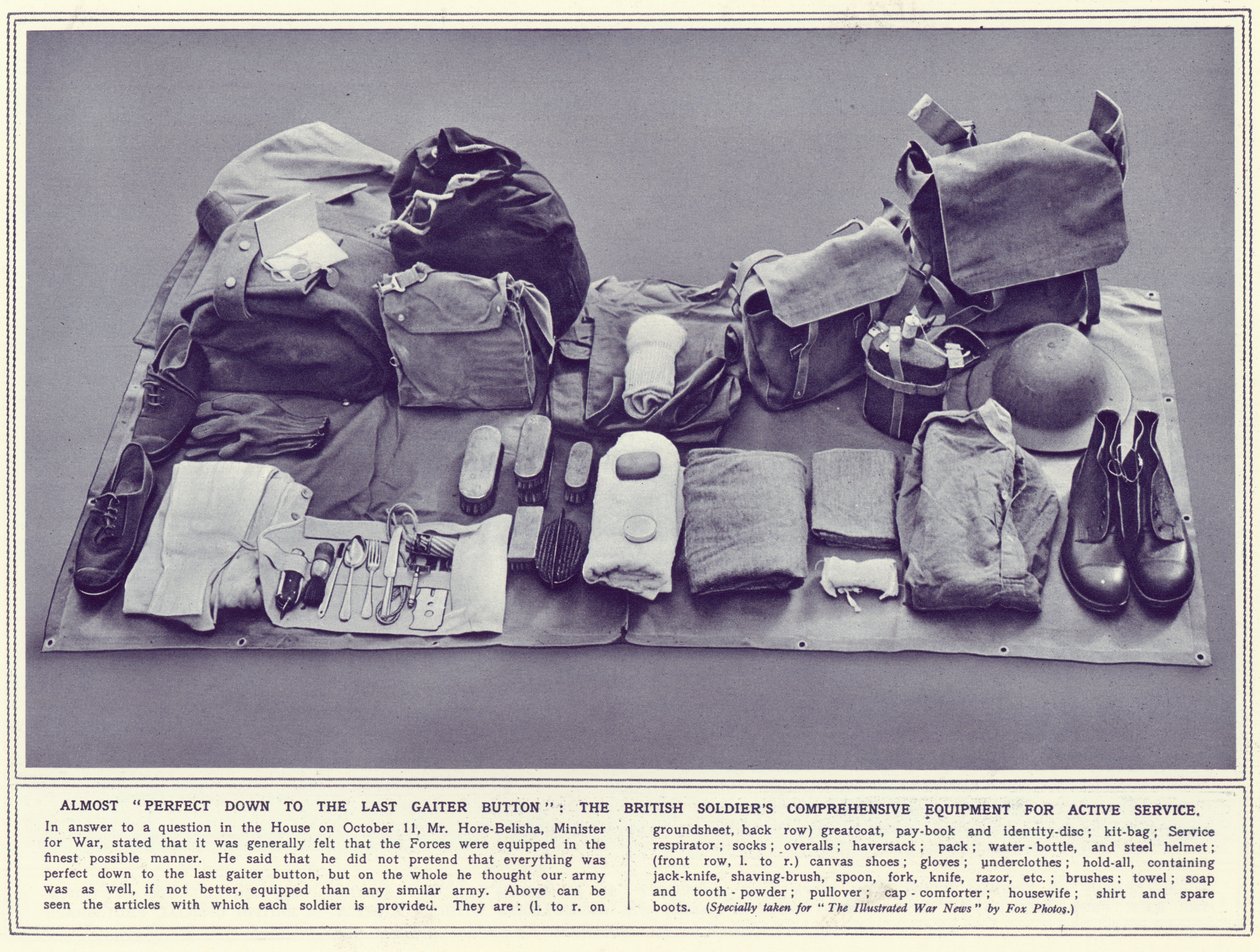 Brittisotilaat kattavat aktiivisen palveluksen varusteet, The Illustrated War News, julkaistu 8. marraskuuta 1939 tekijältä English Photographer