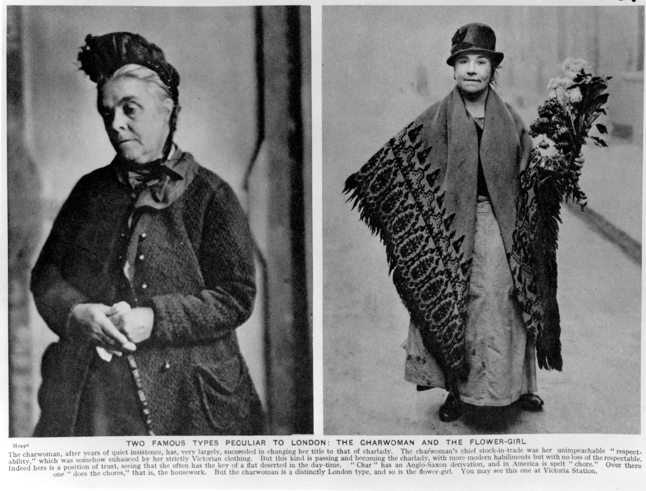 Charwoman ja The Flower-Girl, kuvituksia Almey St.John Adcockin teoksesta Wonderful London, 1935 tekijältä English Photographer