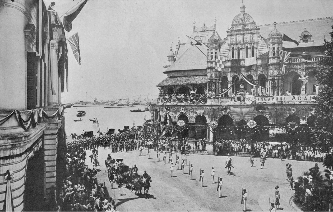 Cornwallin ja Yorkin herttuan ja herttuattaren saapuminen Singaporeen, kuva Kingistä, 25. toukokuuta 1901 tekijältä English Photographer