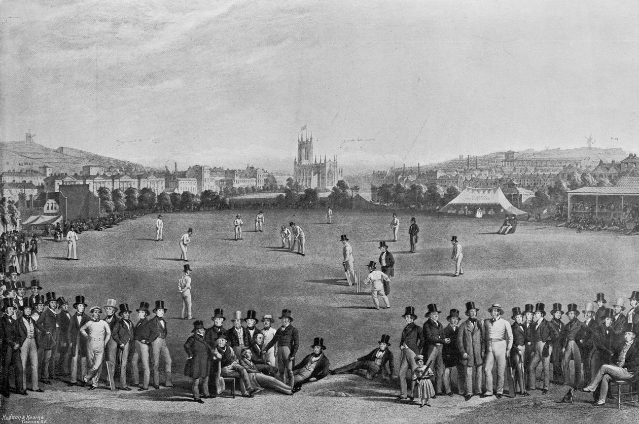 Krikettiottelu Sussexin ja Kentin välillä Brightonissa, alun perin vuonna 1849 julkaistusta painoksesta Famous Cricketers and Cricket Groundsilta, julkaisija Hudson and Kearns, 1895 tekijältä English Photographer