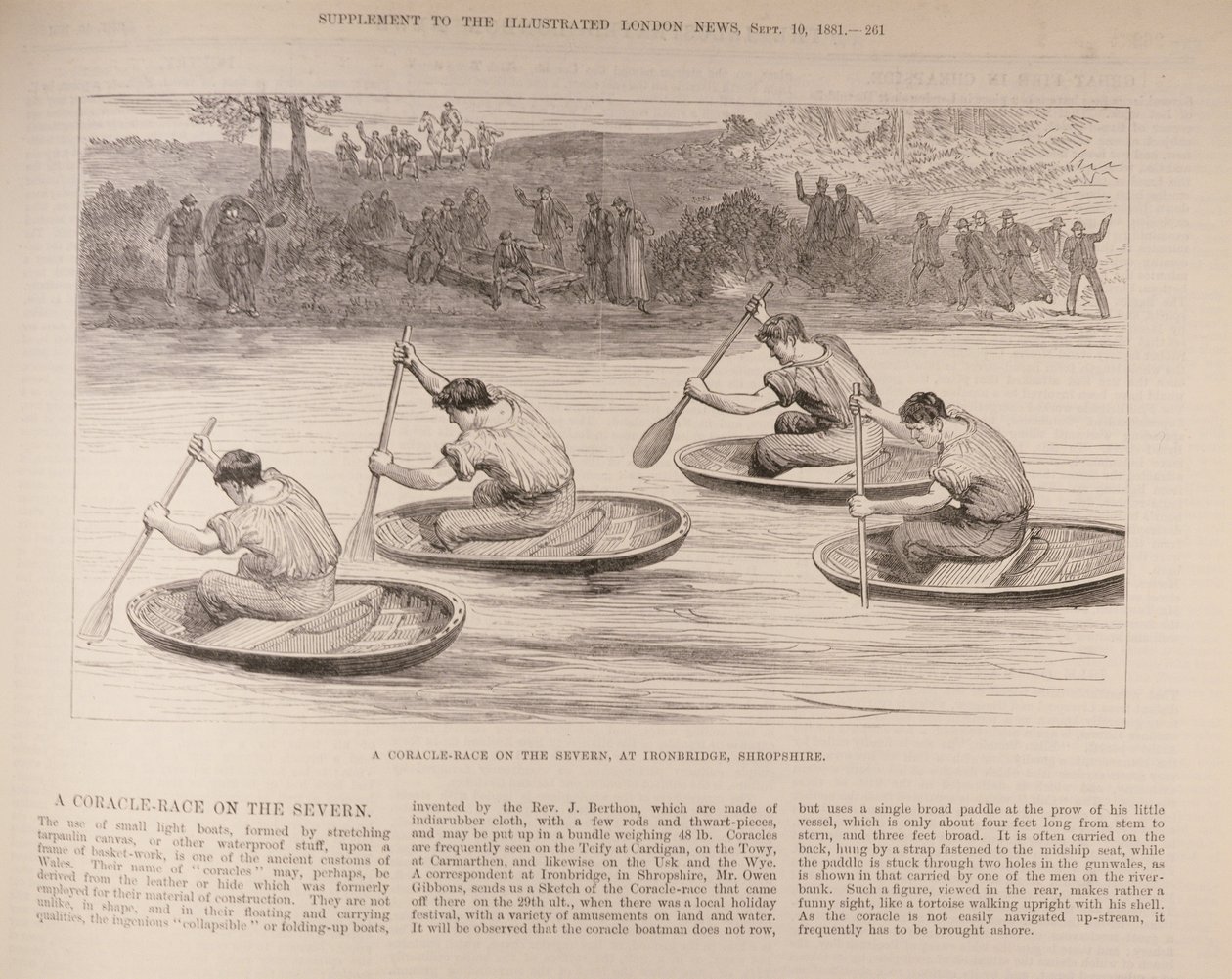 Korakkelikilpailu Severn-joella Ironbridgessä, Shropshiressä, The Illustrated London News -lehdestä, 9. lokakuuta 1881. tekijältä English School