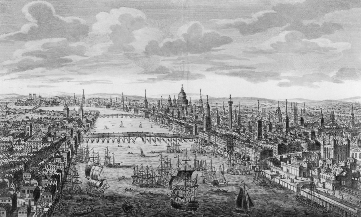 Yleinen näkymä Lontoon kaupunkiin Thames-joen vieressä, n. 1780 tekijältä English School
