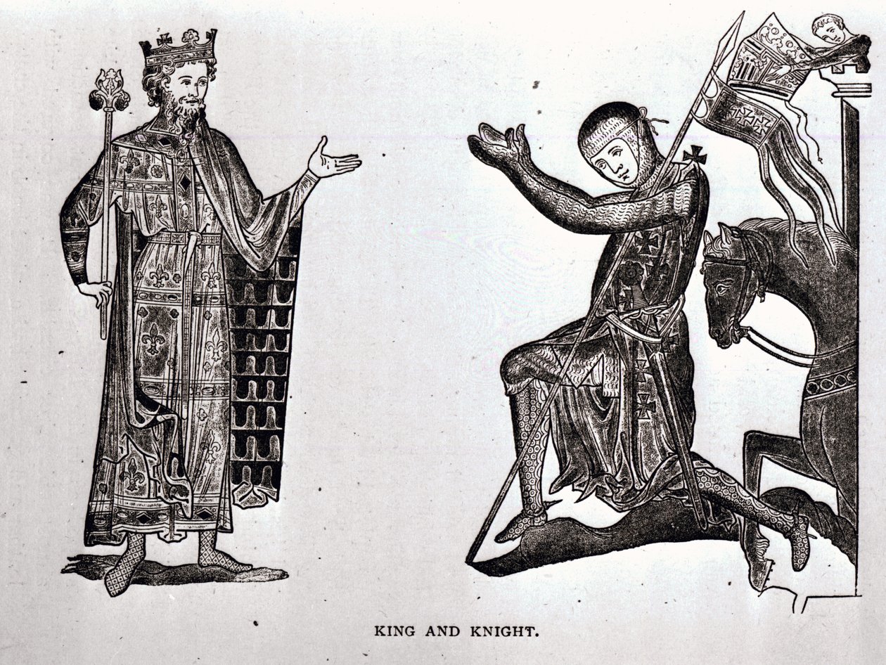 Kuningas ja ritari, kuvitus teoksesta "The Crusades: the story of the Latin Kingdom of Jerusalem", kirjoittanut T.A. Jousimies, pubi. Lontoo, 1894 tekijältä English School