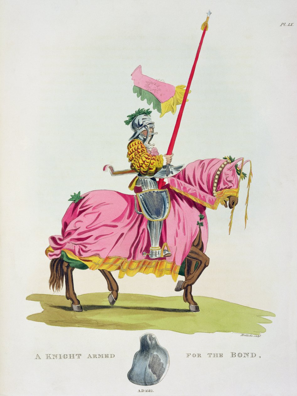 A Knight Armed for the Bond, 1512, kaivertaja W. Maddocks, Samuel Rush Meyrickin teoksesta 