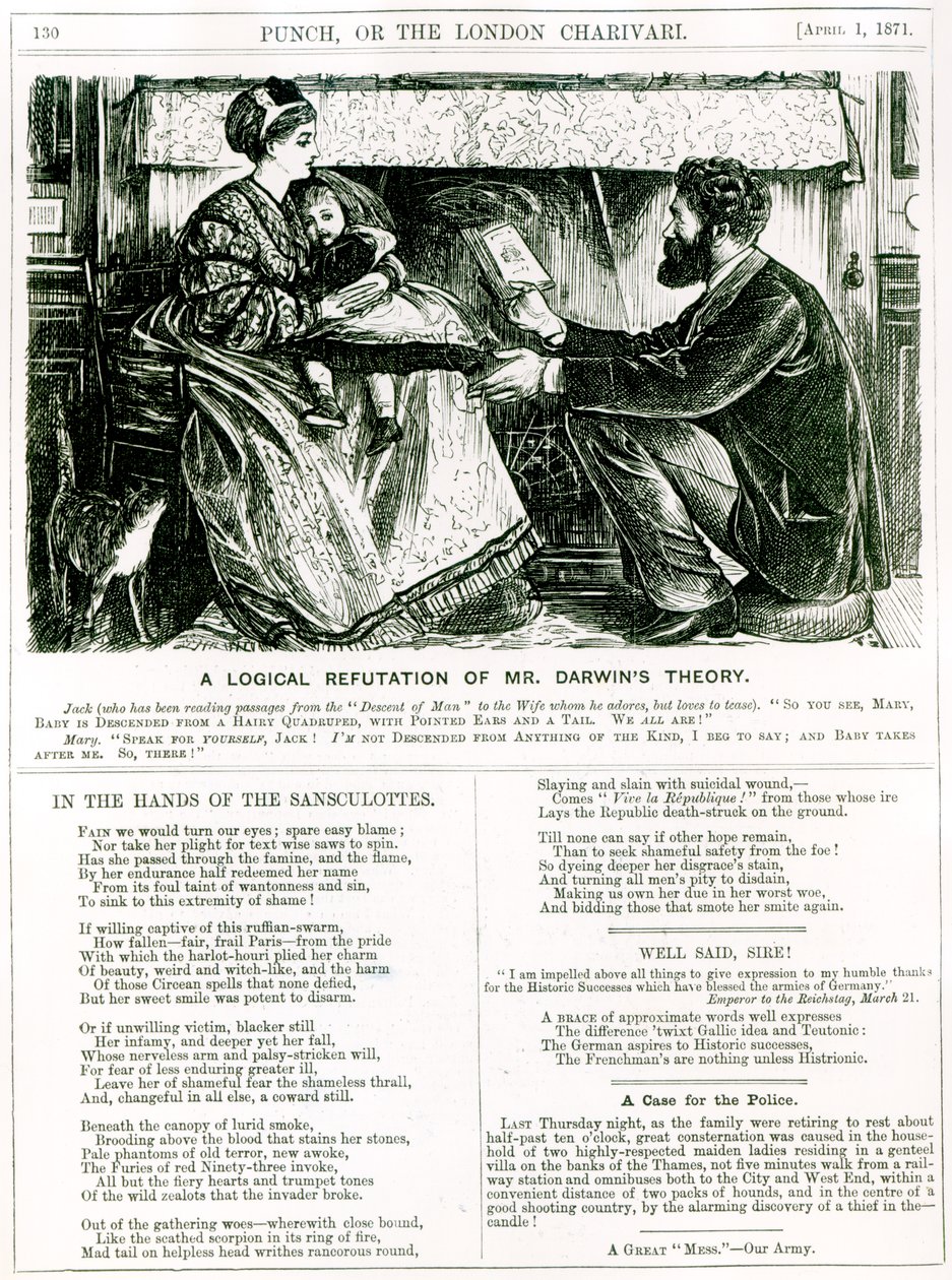 Darwinin teorian looginen kumoaminen julkaisusta "Punch", 1. huhtikuuta 1871 tekijältä English School