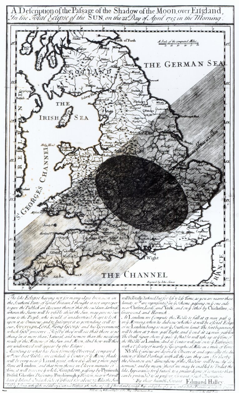 Kartta, joka näyttää kuun varjon kulun Englannin yli 22. huhtikuuta 1715, kaivertanut John Senex, 1715 tekijältä English School