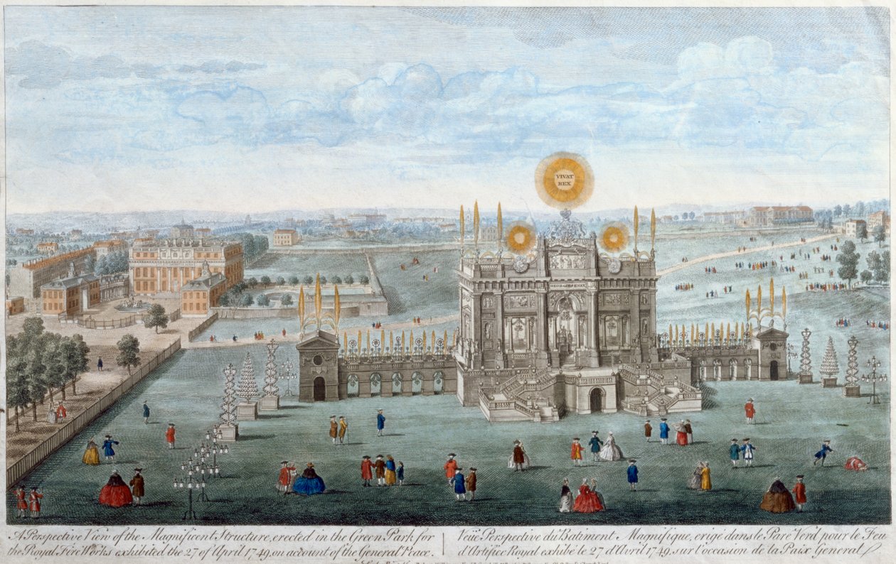 Perspektiivinäkymä upeasta rakennuksesta, joka on pystytetty Green Parkiin Royal Fireworks -pubille. Kirjailija: Robert Wilkinson, 1749 tekijältä English School