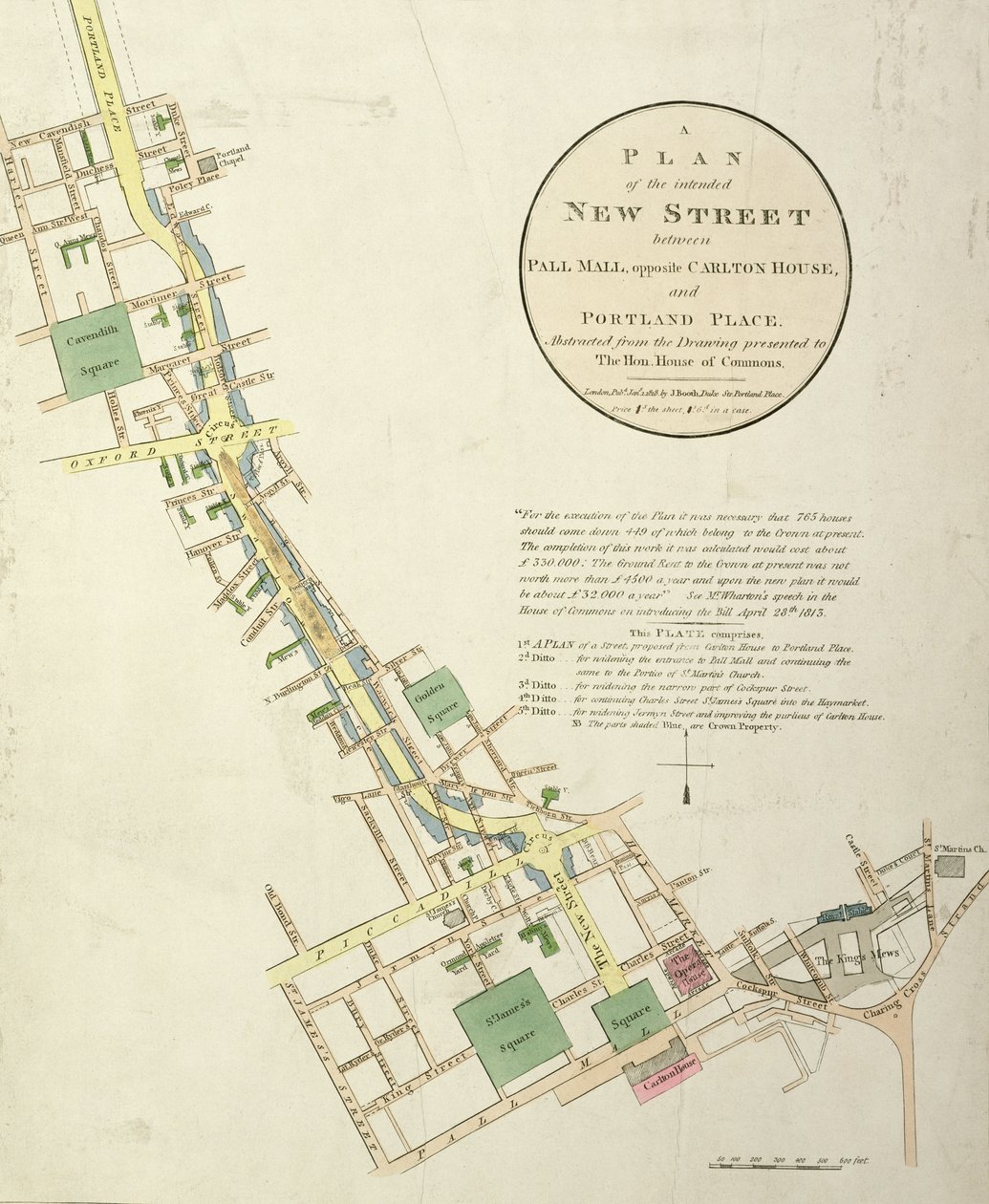 John Nash (1758-1835) pubin suunnittelema Suunnitelma suunnitellun uuden kadun välillä Carlton Housea vastapäätä sijaitsevan Pall Mallin ja Portland Placen välillä. kirjoittanut J. Booth, 1818 tekijältä English School