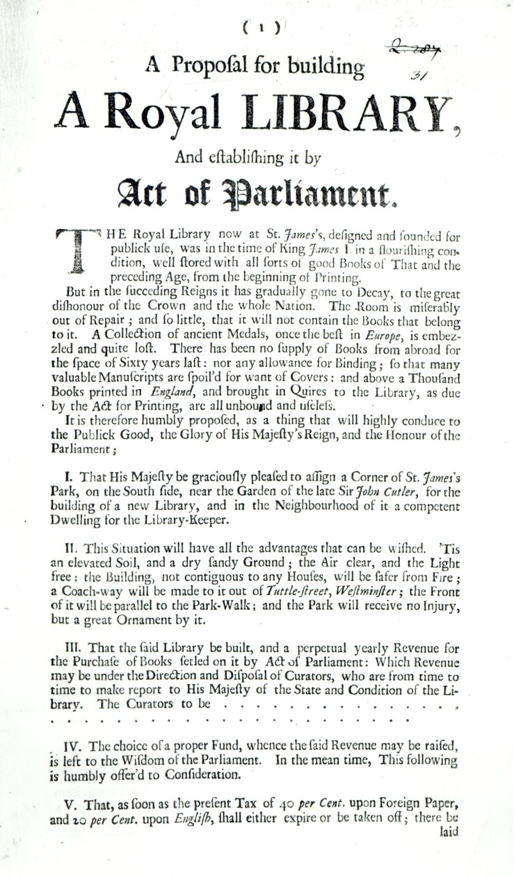 Ehdotus kuninkaallisen kirjaston rakentamiseksi, 1697 (painettu) tekijältä English School