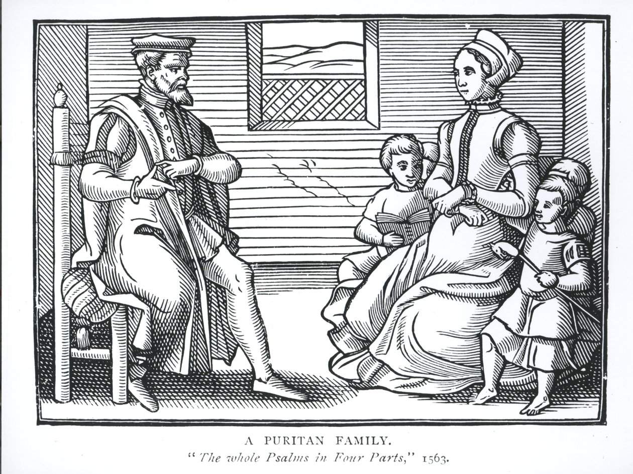 Puritaaninen perhe teoksesta The Whole Psalms in Four Parts, 1563 tekijältä English School