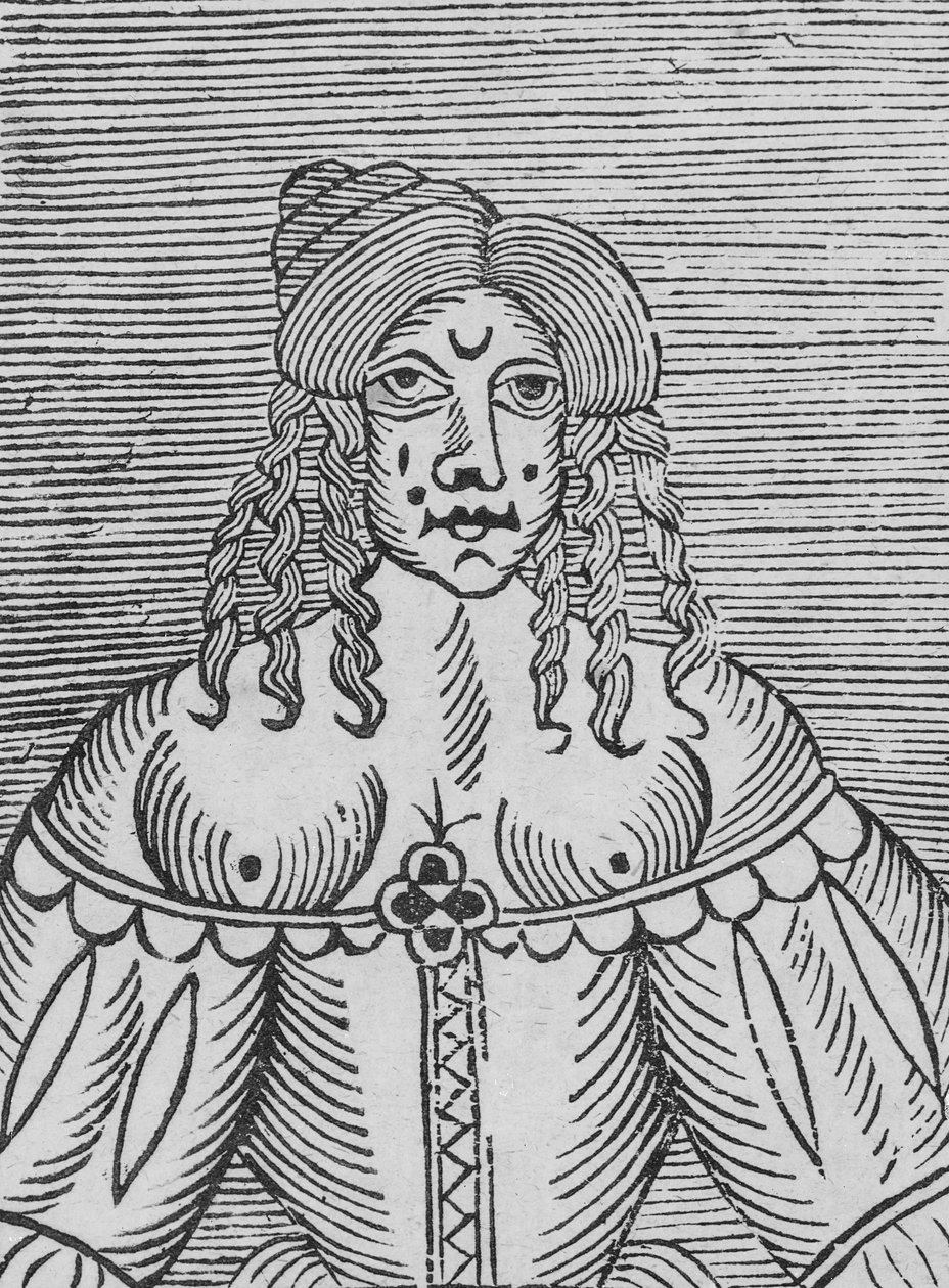 Tudor Lady paljastuneilla rinnalla, kuvitus teoksesta "A Book of Roxburghe Ballads" tekijältä English School