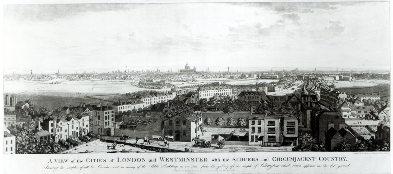 Näkymä Lontoon ja Westminsterin kaupungeista esikaupunkien ja Circumjacent Countryn kanssa, 1789 tekijältä English School
