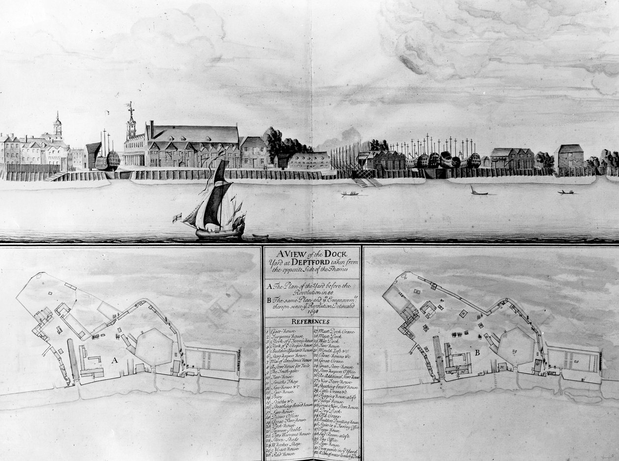 Näkymä Deptfordin telakalta otettuna Thamesin vastapuolelta, 1698 tekijältä English School