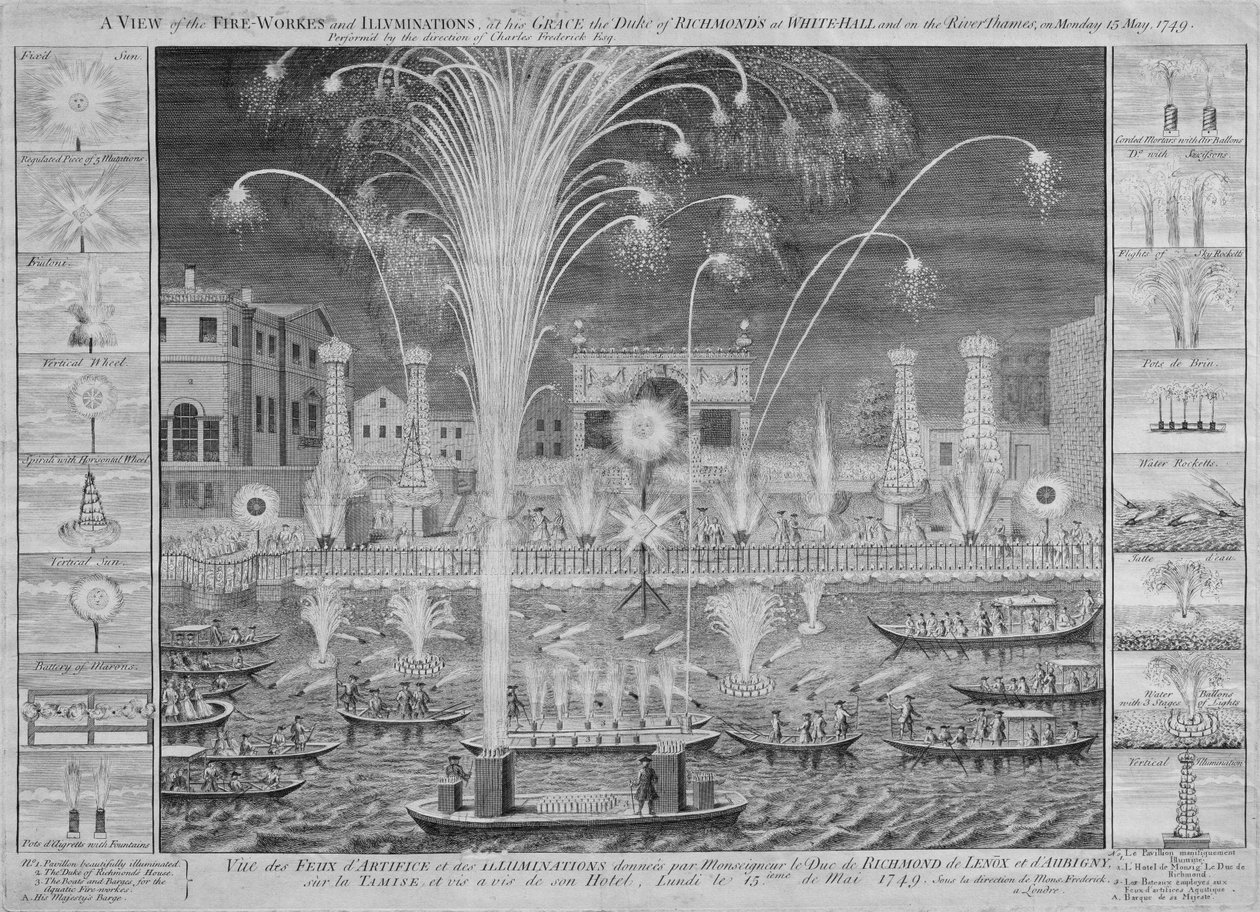 Näkymä ilotulitukseen ja valaistukseen hänen armollaan Richmondsin herttua Whitehallissa ja Thames-joella maanantaina 15. toukokuuta 1749 (katso myös 8450) tekijältä English School