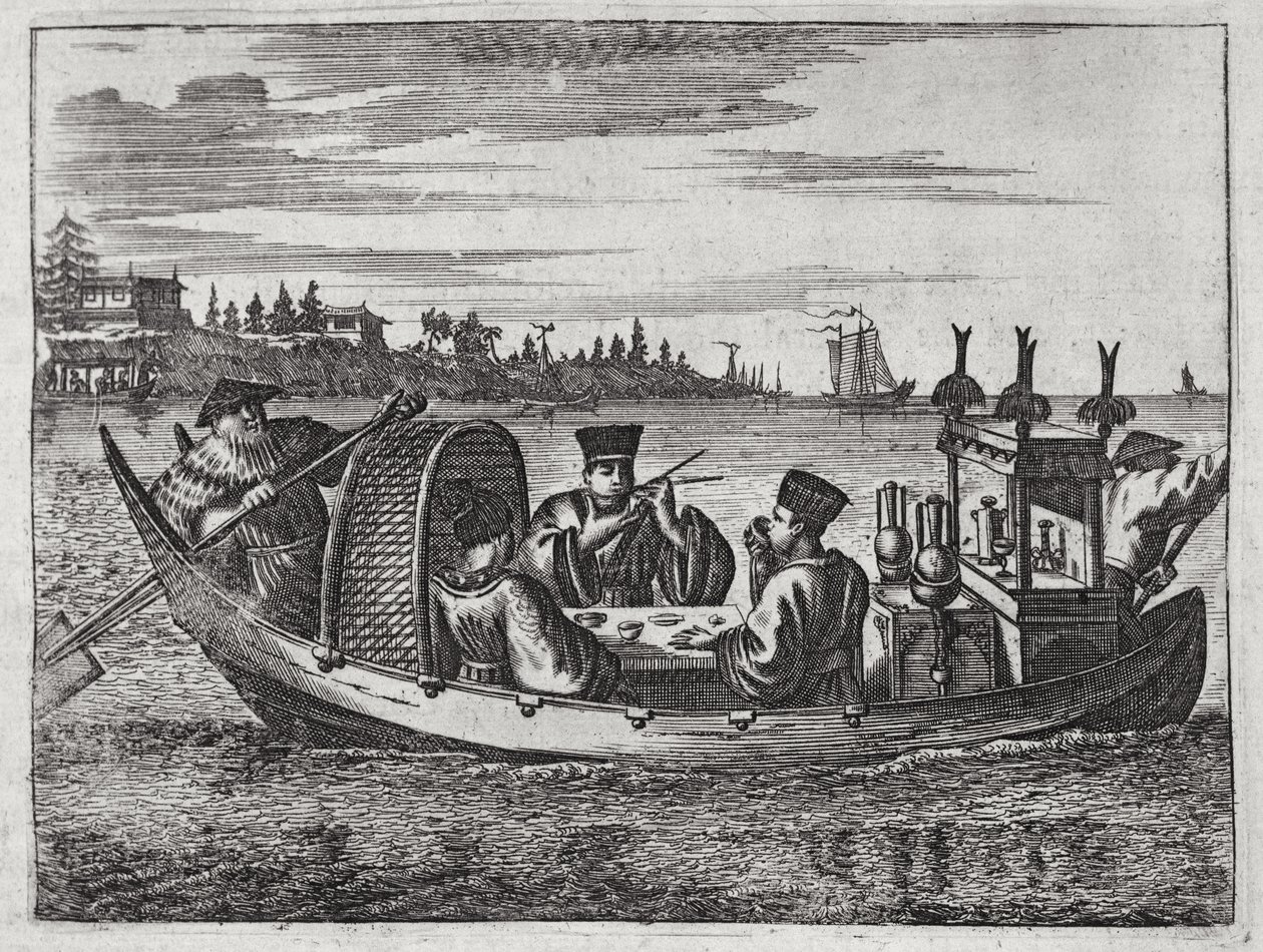 Varakas mandariiniruokailu veneessä, kuva kuvauksesta Kiinan suurlähetystöistä, 1690 tekijältä English School