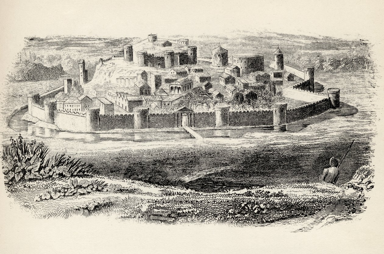 Linnoitettu keskiaikainen kaupunki "The National Encyclopaediasta", julkaisija William Mackenzie, Lontoo, 1800-luvun lopulla tekijältä English School