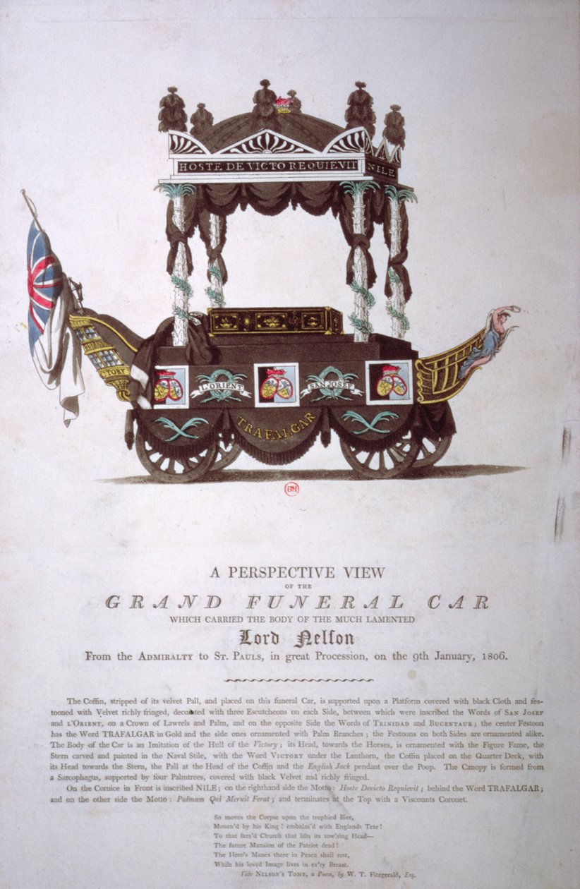 Perspektiivikuva suuresta hautausautosta, joka kuljetti lordi Nelsonin ruumiin Admiraltysta St. Paulin katedraaliin 9. tammikuuta 1806 tekijältä English School