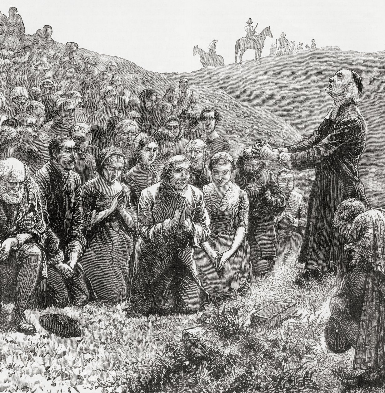 Covenantereiden rukouskokous 1600-luvulla, kuvitus Lasten erikoislähetyksen julkaisemasta "Our Own Magazine" -lehdestä vuodelta 1885. tekijältä English School