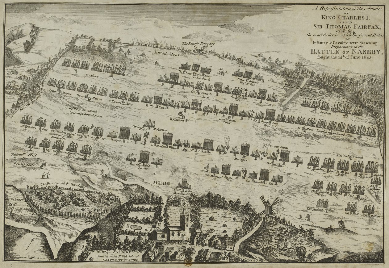 Esitys kuningas Charles I:n ja Sir Thomas Fairfaxin armeijasta tarkan järjestyksen esittelemässä Nasebyn taistelua, 1645 tekijältä English School