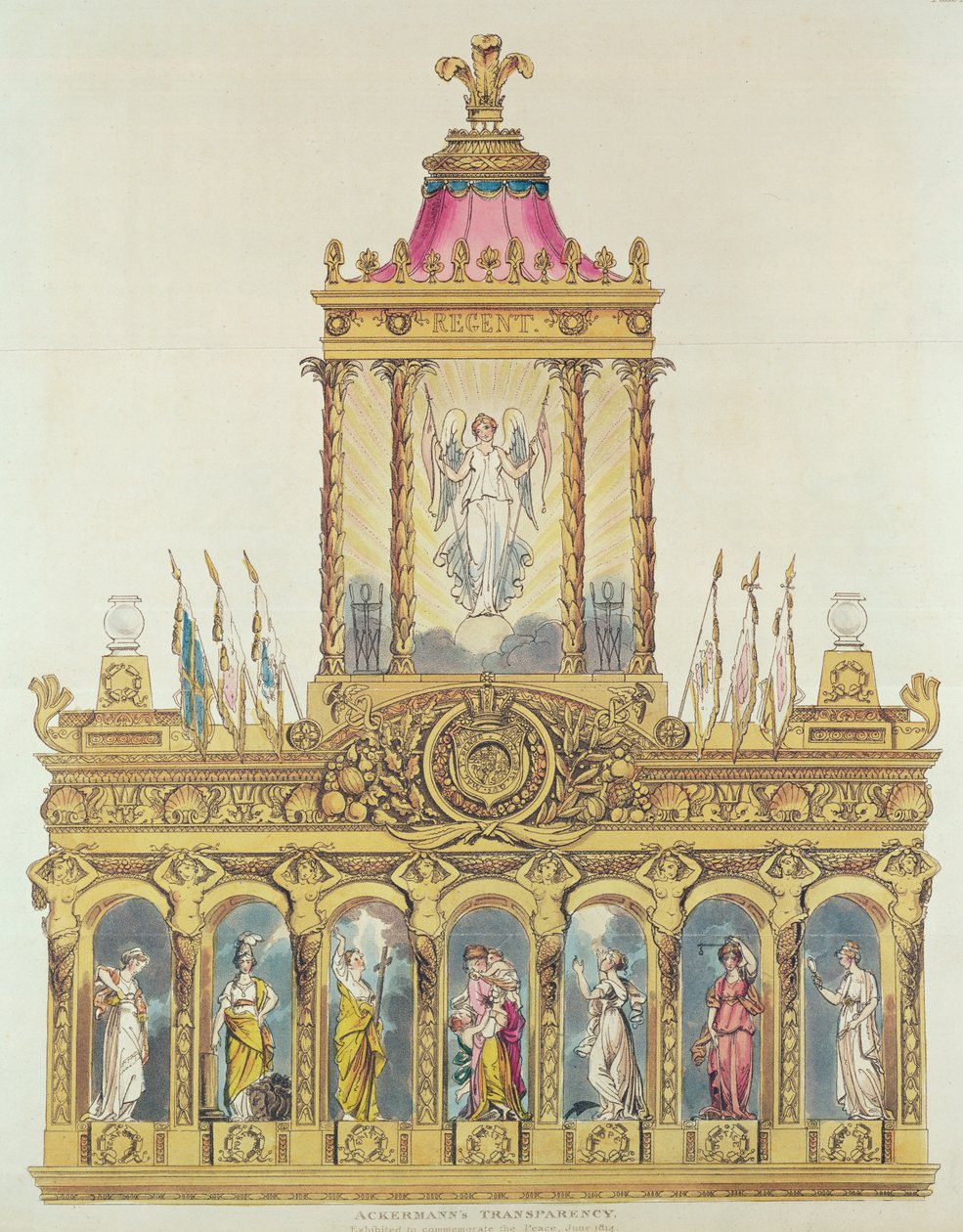 Ackermans Transparency, kesäkuu 1814 (värietsaus ja akvatinta) tekijältä English School
