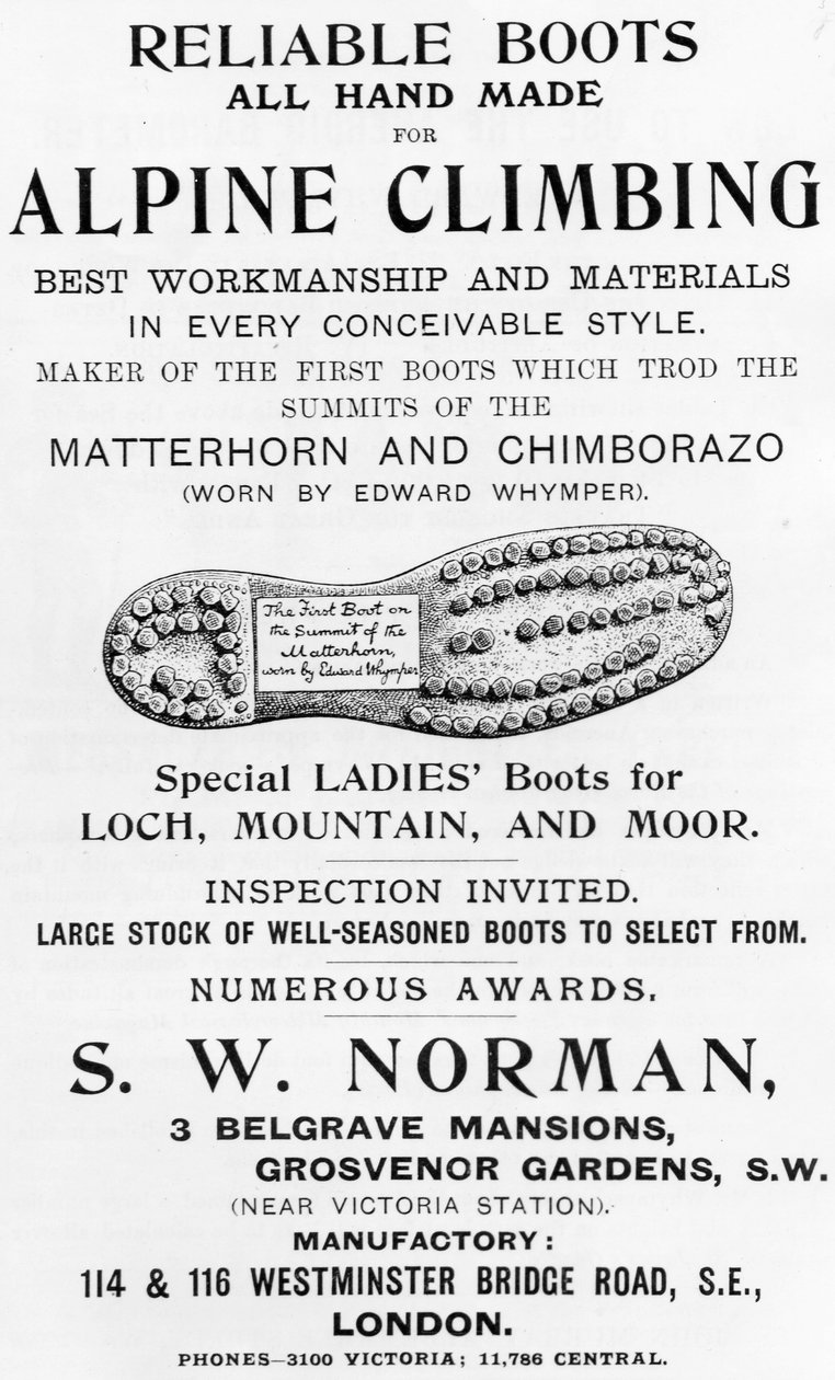 Mainos S. W. Norman Alpine Climbing Bootsista, kuvitus julkaisusta "Whymper