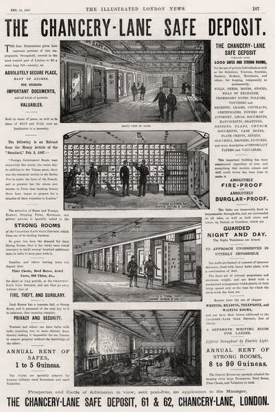 Mainos Chancery Lane Safe Deposit, The Illustrated London News, 12. helmikuuta 1887 tekijältä English School