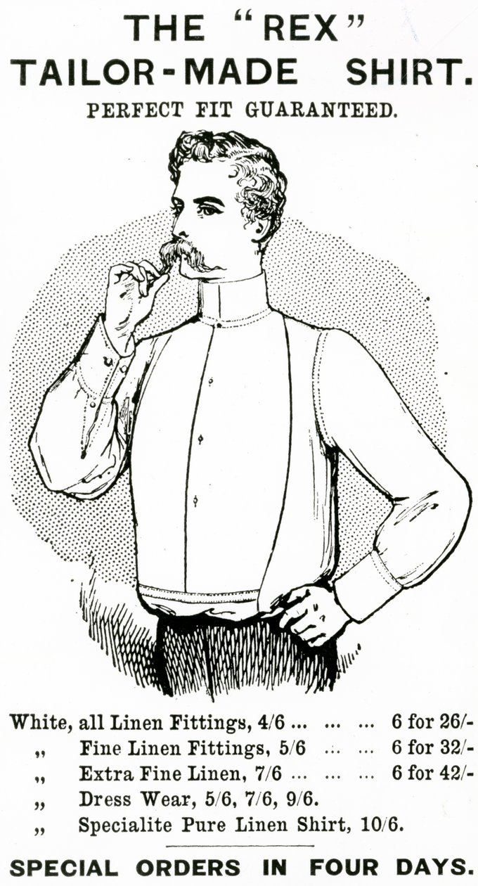 Mainos "The Rex Tailor-Made Shirt", n. 1890 (kaiverrus ja kohopaino) tekijältä English School