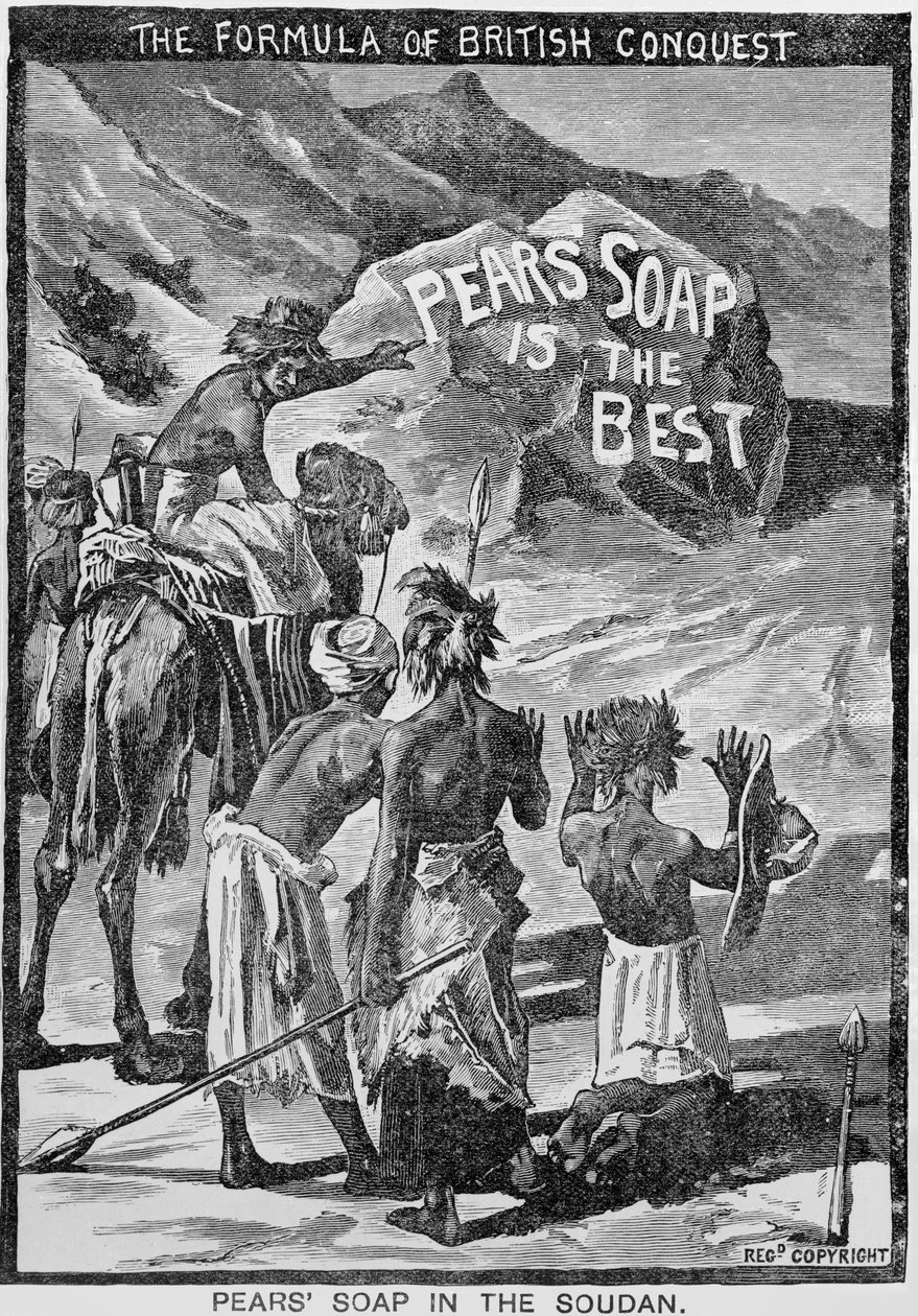 Mainos Pears Soap, "The Formula of British Conquest, Pears Soap in the Sudan", 1884 tekijältä English School