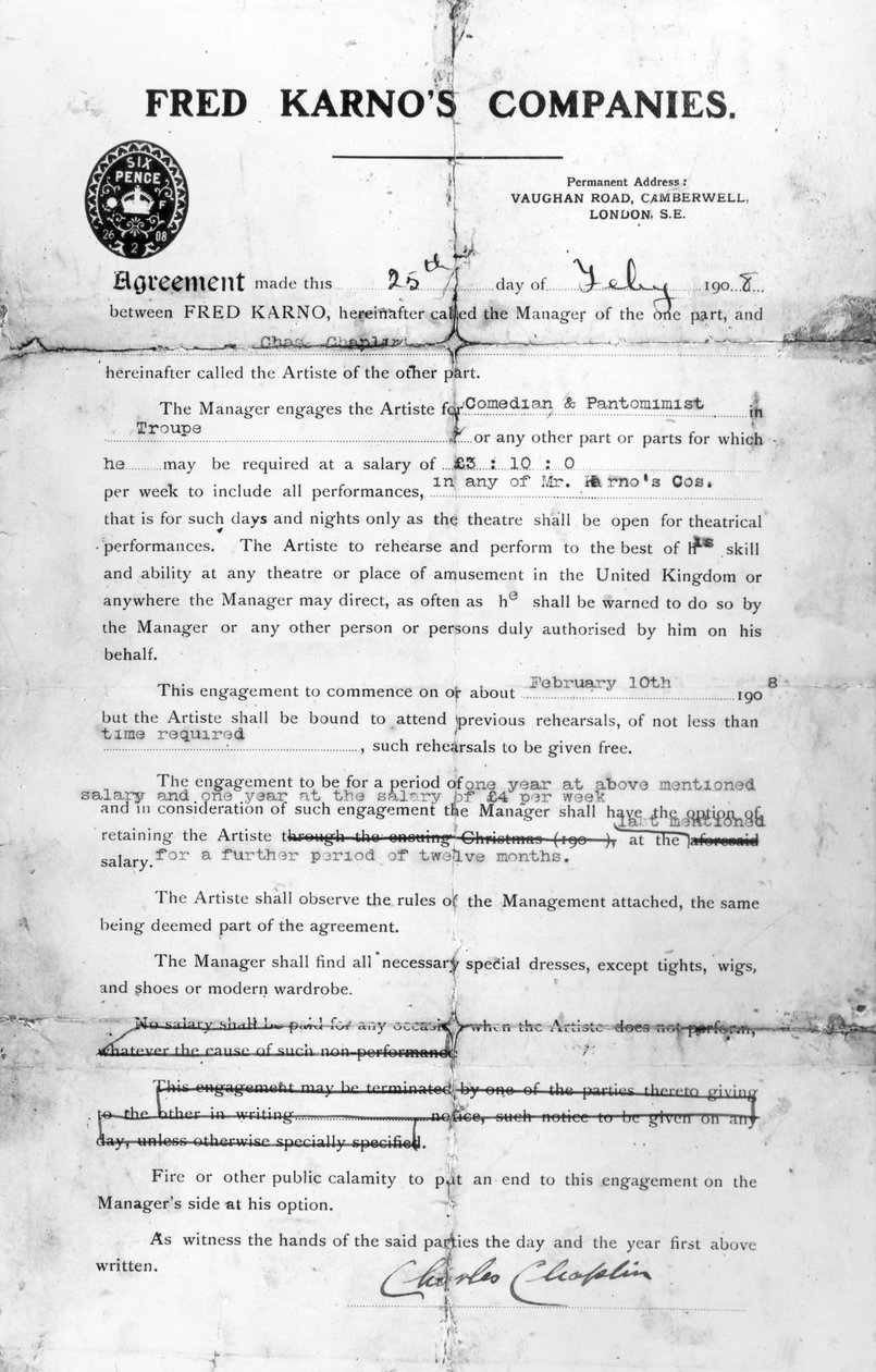 Fred Karnon yhtiöiden ja Charles Chaplinin välinen sopimus, 25. heinäkuuta 1908 (tulostus) tekijältä English School