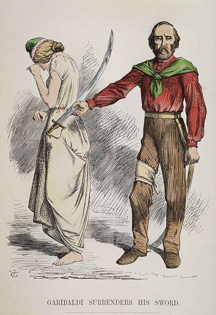 Allegoria Garibaldista laskevan miekkansa ja lähtevän Roomasta, 1849 tekijältä English School