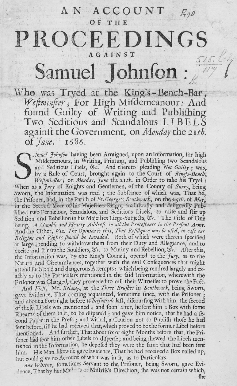 Selostus Samuel Johnsonia vastaan käydyistä oikeudenkäynneistä, 1686 (painettu) tekijältä English School