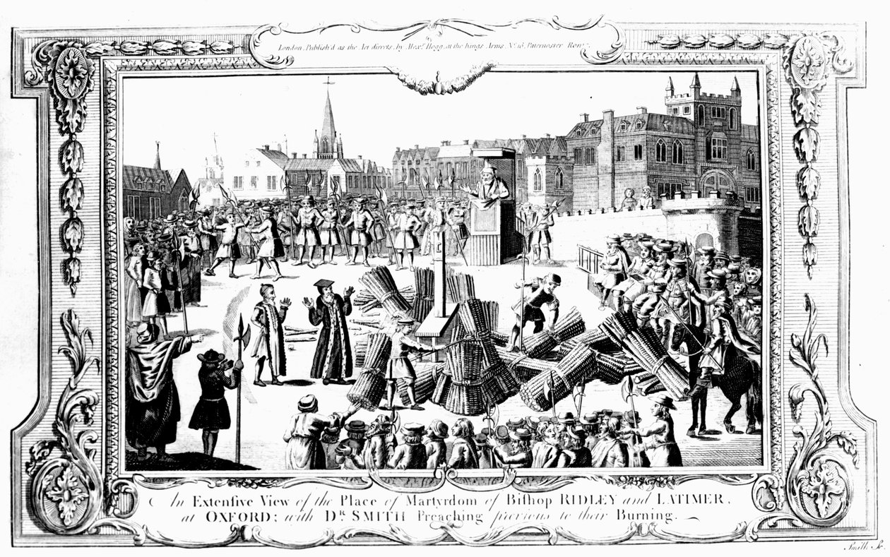 Laaja näkymä piispa Ridleyn (n.1500-55) ja Latimerin (n.1485-1555) marttyyrikuoleman paikasta Oxfordissa, jossa tohtori Smith saarnasi ennen heidän polttamistaan. tekijältä English School