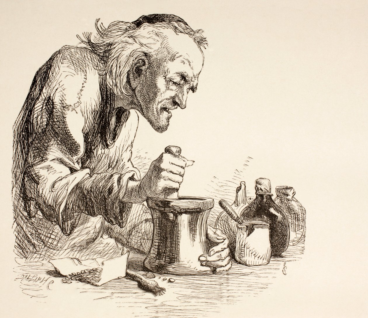 Apteekki, joka jauhaa yrttejä, "The Illustrated Library Shakespeare", julkaistu Lontoossa 1890 tekijältä English School