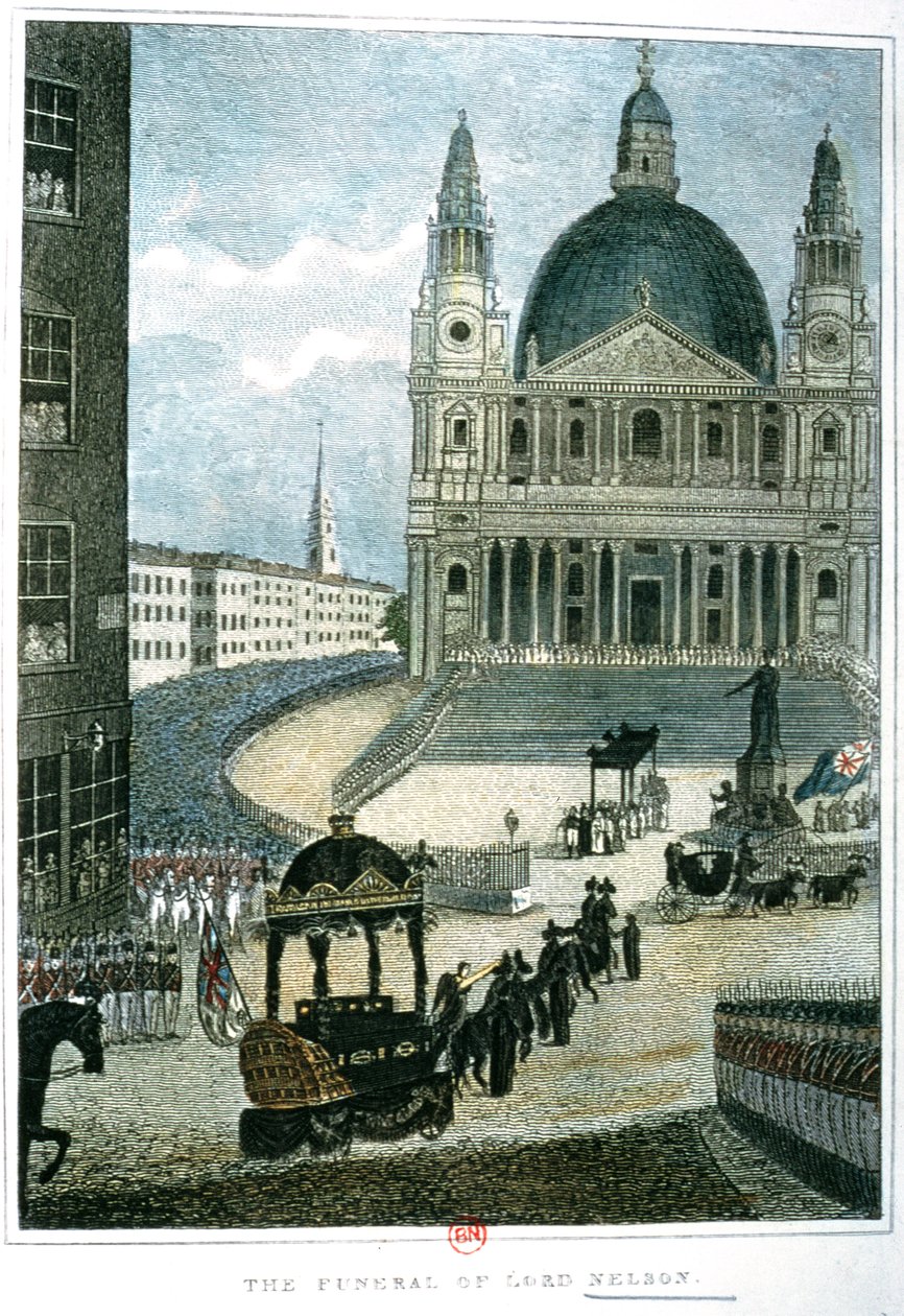 Tarkka esitys suuresta hautajaisautosta, joka kuljetti lordi Nelsonin ruumiin Admiraliteetista St Paulin katedraaliin 9. tammikuuta 1806. tekijältä English School