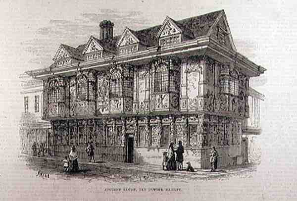 Muinainen talo Old Butter Marketissa, Ipswich, The Illustrated London News, 23. heinäkuuta 1881 tekijältä English School