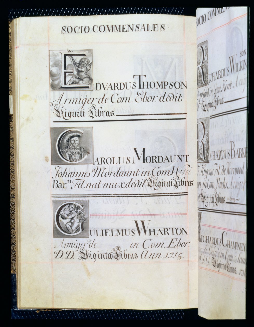 Arkisto 3693 f.58v Sivu, jossa on kolme New Collegen, Oxfordin hyväntekijää; Edvardus Thompson, Carolus Mordaunt ja Gulielmus Wharton, Benefaction Bookista, 16812-84 (kynä ja muste) tekijältä English School