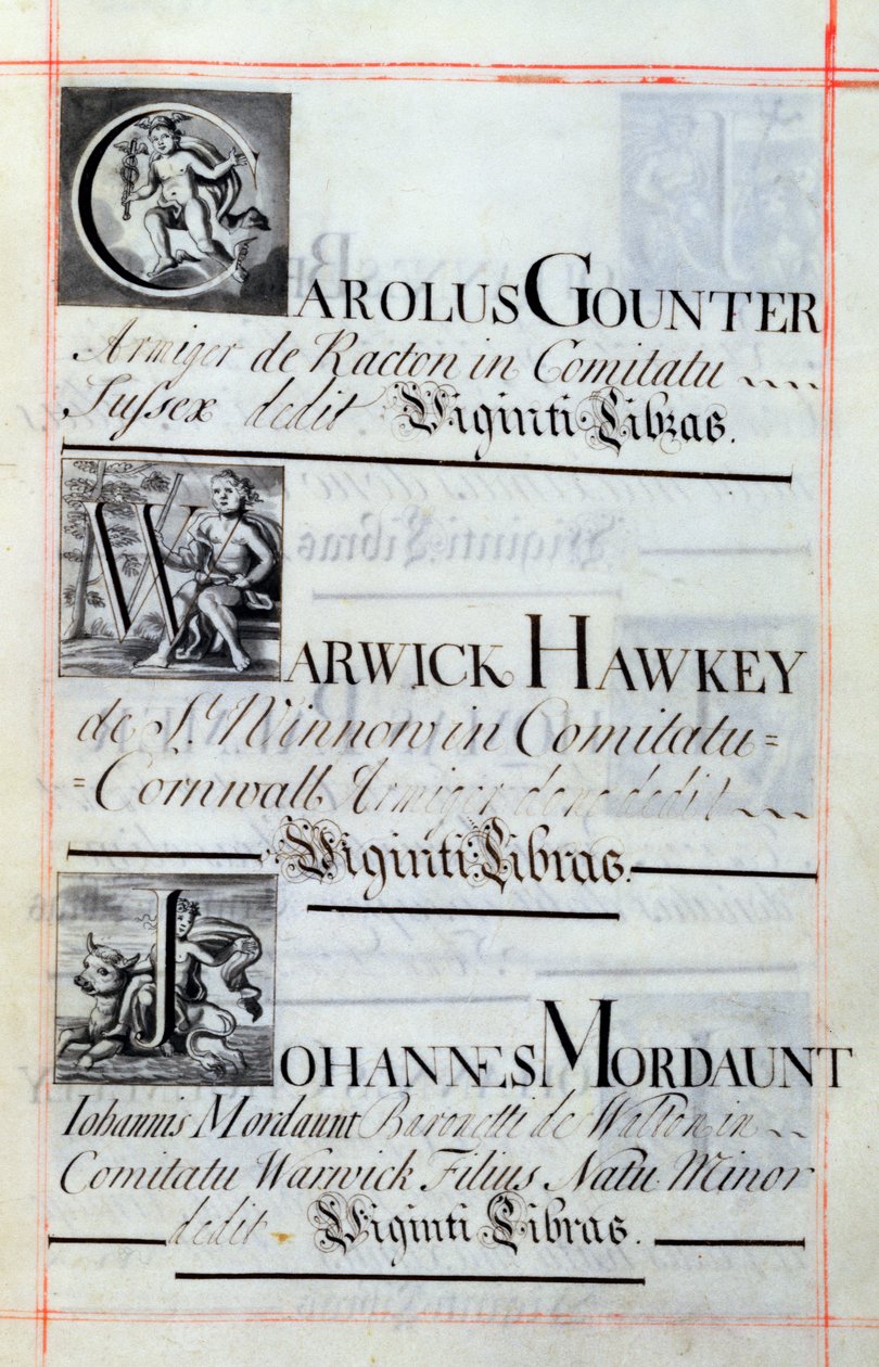 Arkisto 3693 f.62 Sivu, jossa on kolme New Collegen, Oxfordin hyväntekijää; Carolus Gounter, Warwick Hawkey ja Johannes Mordaunt, Benefaction Bookista, 16812-84 (kynä ja muste) tekijältä English School